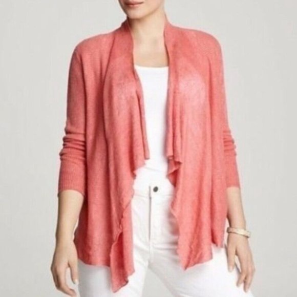 Eileen Fisher Coral Pink Linen Waterfall Cascade Drape Open Front‎ Cardigan Plus - Picture 1 of 15